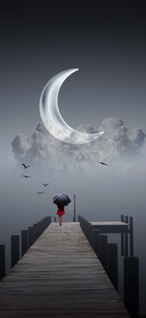 Surreal mobile wallpaper: person with an umbrella on dock, large crescent moon, flying birds, cloudy sky | Gray, White, Black, Red | 4K Wallpaper for Mobile