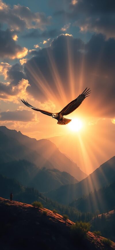 Majestic eagle flying at sunset over mountains with radiant sunlight and dramatic clouds | 4K Wallpaper for Mobile