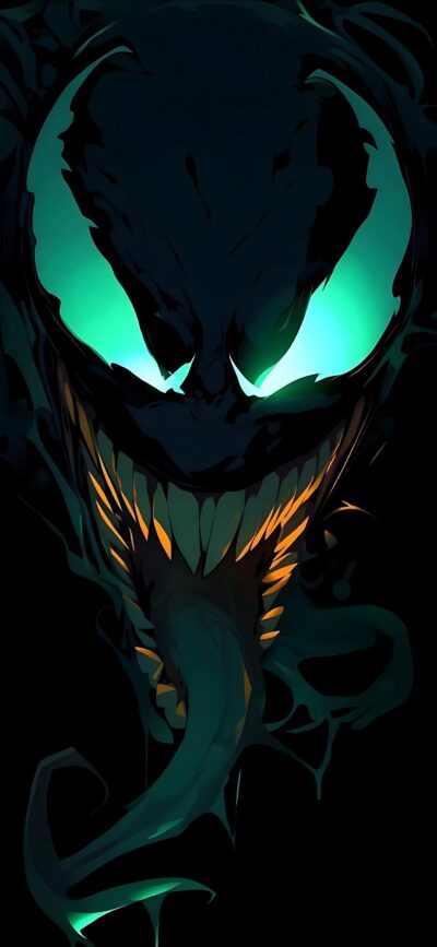 Venom's menacing grin, glowing eyes on a dark, eerie 4K wallpaper | Black, green, orange tones | For Mobile