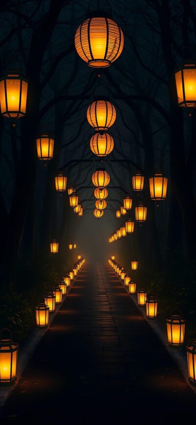 Serene forest pathway with glowing lanterns creating a magical ambiance. Black and orange tones enhance tranquility | 4K Wallpaper for Mobile