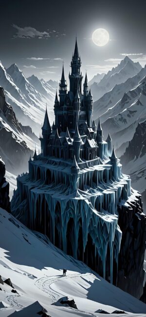 Majestic ice castle amidst snowy mountains under a moonlit sky, exuding fantasy realm charm | 4K Wallpaper for Mobile