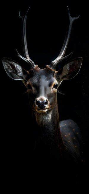 Majestic deer with antlers on a dark backdrop | Black & brown tones emphasize elegance | For mobile | 4K Wallpaper