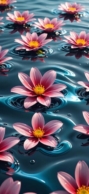 Pink water lilies on a calm reflective water body, showcasing delicate petals and vibrant colors | 4K Wallpaper for Mobile