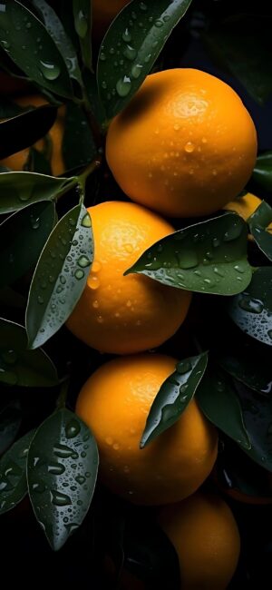 Close-up of ripe oranges with green leaves and water droplets | 4K Wallpaper for Mobile