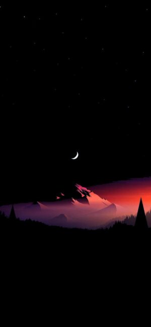 Serene night landscape with crescent moon over silhouetted mountains, trees, starry sky, and a purple-orange gradient | 4K Wallpaper for Mobile