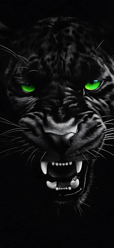 Black panther with vivid green eyes, fierce expression, detailed fur, and teeth against a dark background | 4K Wallpaper for Mobile