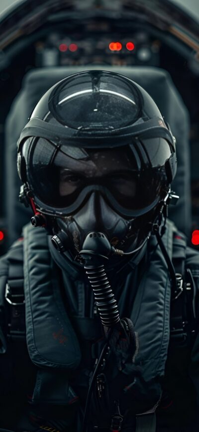 Pilot in cockpit with helmet and oxygen mask, high-tech control panels | 4K Wallpaper for Mobile | Black, Gray, Red