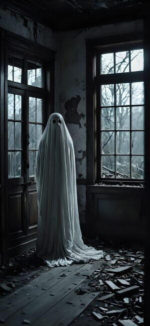 Ghostly figure in white sheet in a decaying room with broken windows, a spooky atmosphere. | 4K Wallpaper for Mobile