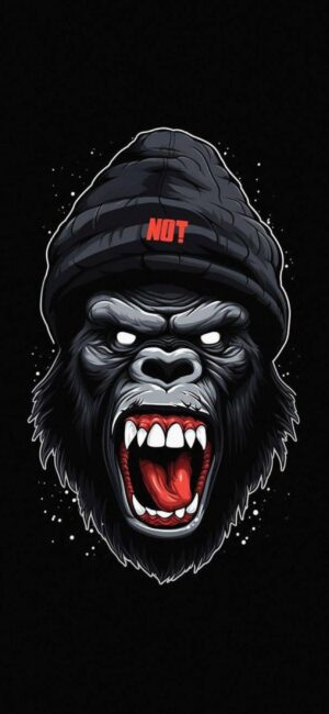 Gorilla in beanie with 'NOT', roaring against black background. Bold, expressive design. | 4K Wallpaper for Mobile.