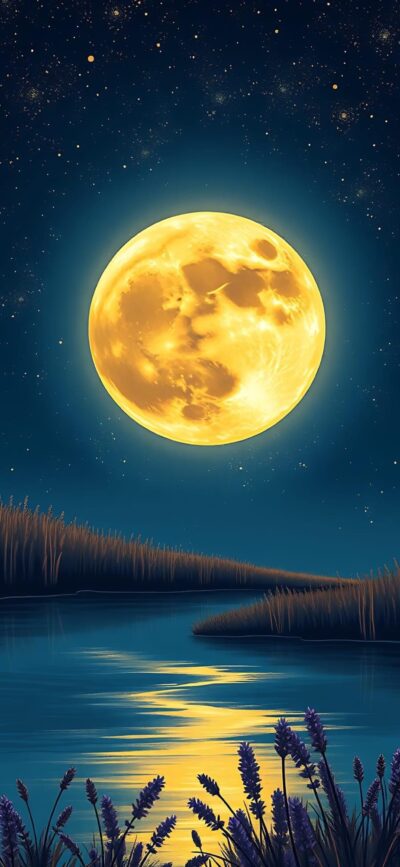 Serene night scene with full moon reflecting on a river under starry sky, surrounded by grasses | 4K Wallpaper, for Mobile