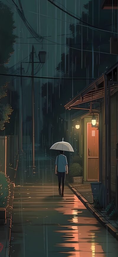 Anime style rainy street scene with lone figure, umbrella, and dim lighting. Night urban ambiance. | 4K Wallpaper for Mobile