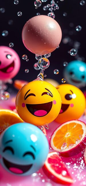 Vibrant emoji balls in yellow, pink, blue with citrus slices and water droplets, perfect for a cheerful vibe. | 4K Wallpaper for Mobile