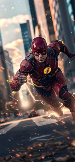 The Flash speeds through a cityscape, surrounded by lightning trails and energy. Vibrant red, yellow, blue colors | 4K Wallpaper, for Mobile