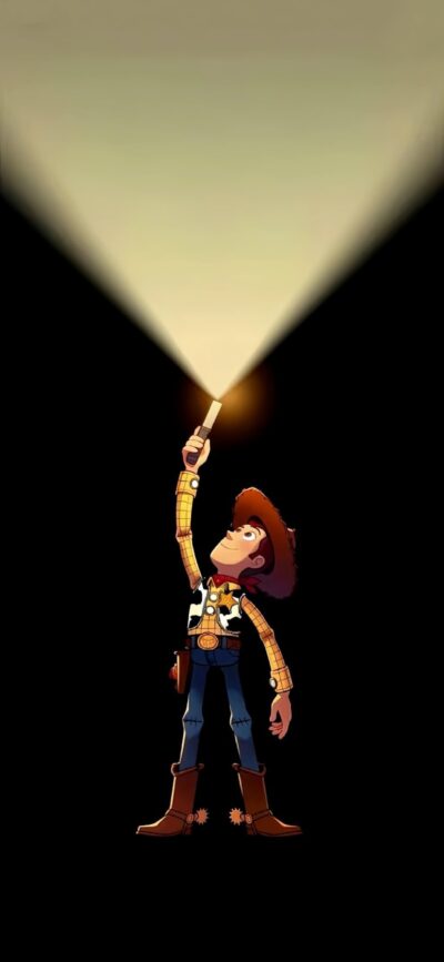 Woody from Toy Story holding a flashlight, in black, yellow, and brown hues for a 4K wallpaper | 4K Wallpaper, for Mobile