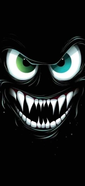 Sinister cartoonish face with green and blue eyes, sharp teeth on black background | 4K Wallpaper for Mobile | Black, Green, Blue