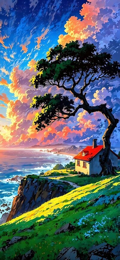 Seaside landscape with sunset clouds, red-roof house on cliff, ocean waves, and tree | 4K Wallpaper, For Mobile