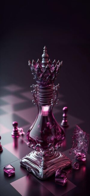 Chess Queen in Glossy Translucent Purples on Dark Chessboard Background | 4K Wallpaper for Mobile