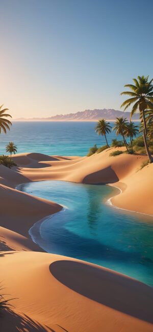 Desert scene with golden sand dunes, a winding oasis, and palm trees under a sunny sky. | 4K Wallpaper for Mobile