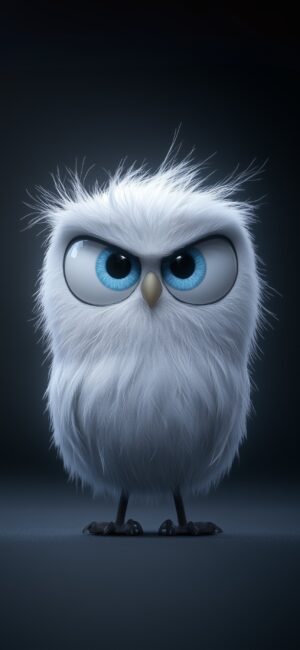 Cute fluffy owl with large blue eyes and soft white feathers | 4K Wallpaper for Mobile