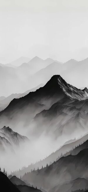 Serene black and white mountain landscape with misty peaks, perfect for a calming mobile experience. | 4K Wallpaper for Mobile