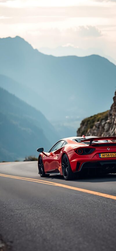 Sleek red sports car on a winding mountain road with majestic mountains and a cloudy sky backdrop. | 4K Wallpaper for Mobile |