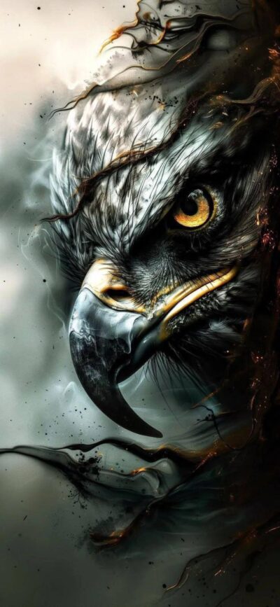 'Eagle illustration with fierce expression, abstract elements, smoky design in gray, black, white | 4K Wallpaper for Mobile'