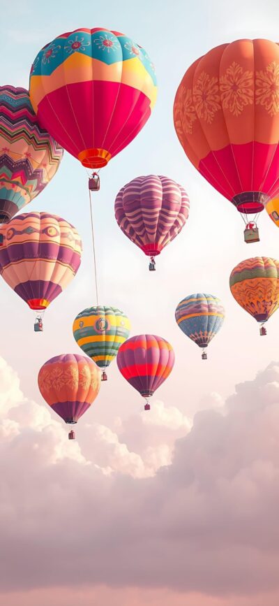 Colorful hot air balloons float against cloudy skies | 4K Wallpaper for Mobile | Red, Orange, Yellow, Pink hues.