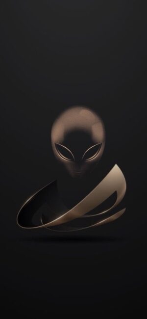 Minimalist alien figure with stylized eyes on dark background, featuring metallic elements. | 4K Wallpaper | for Mobile | Black & Gold