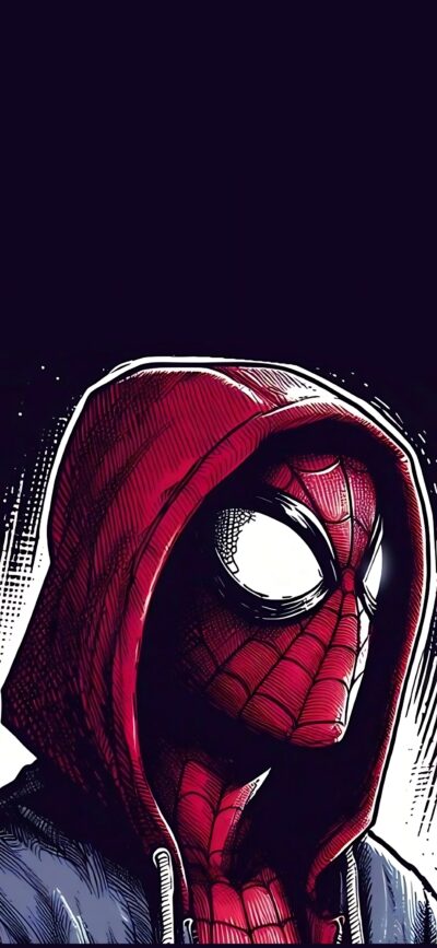 Stylized Spiderman in iconic suit with red hooded jacket on dark background | 4K Wallpaper for Mobile