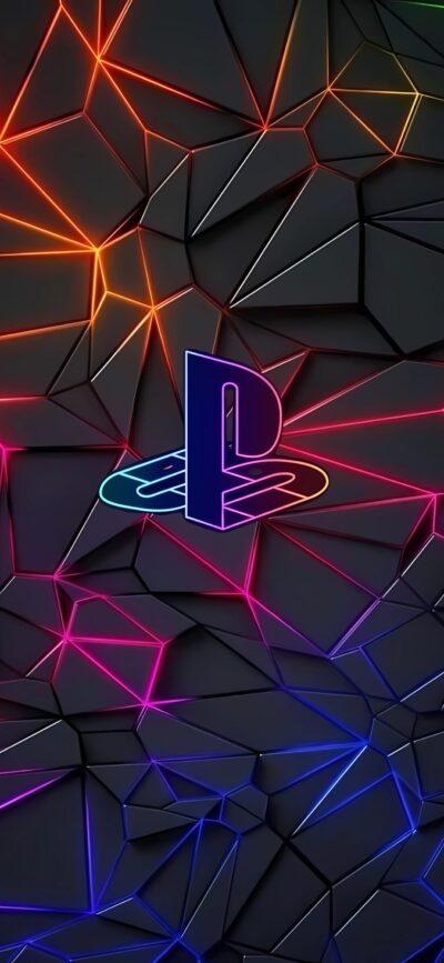 PlayStation emblem on geometric background with vibrant neon lines: orange, red, purple, blue | 4K Wallpaper for Mobile