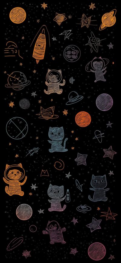 Whimsical space theme with cartoon cats as astronauts, planets, stars & rockets, chalk style on dark background | 4K Wallpaper for Mobile