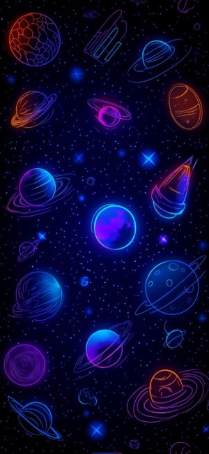 Vibrant space-themed design with abstract neon planets, Saturn rings, stars & geometric shapes. | 4K Wallpaper for Mobile