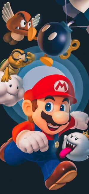 Mario with Lakitu, Goomba, and Bob-omb in a vibrant Nintendo universe. Red, blue, black, & white tones | 4K Wallpaper for Mobile