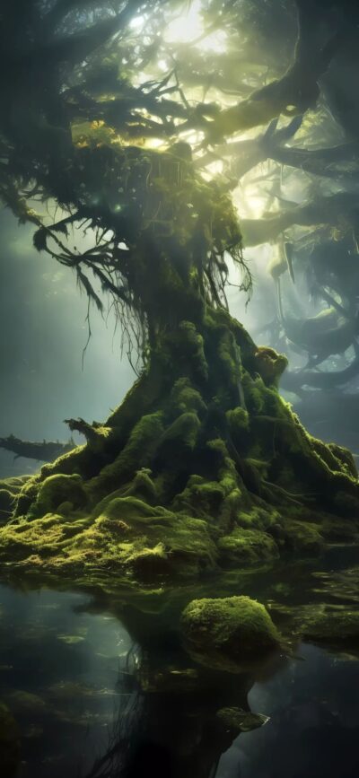 Mystical ancient tree with moss by a serene pond, ethereal glow through canopy | 4K Wallpaper for Mobile | Green, Brown, Blue