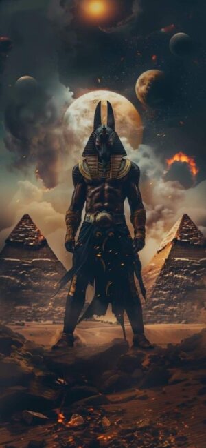 Anubis in front of pyramids, cosmic scene with planets and mystical sky, Egyptian theme | 4K Wallpaper, for Mobile