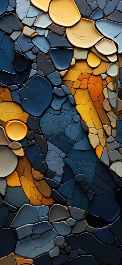 Abstract geometric mosaic in blue, gray, and golden yellow with organic shapes | 4K Wallpaper for Mobile