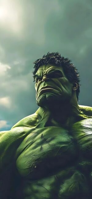 Hulk 4K Wallpaper | Mobile | Marvel superhero with green physique against cloudy skies | Green, Grey | Hulk, Marvel, Superhero