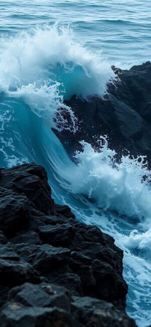 Ocean wave crashing on dark rocks; vibrant blue water and white foam contrast against black rocks | 4K Wallpaper for Mobile