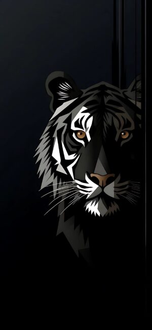 Stylized tiger illustration with striking stripes and eyes on a dark background | 4K Wallpaper for Mobile | Black, White, Brown