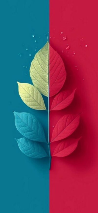 Symmetrical leaves in vibrant blue, green, and red colors, split background for mobile | 4K Wallpaper