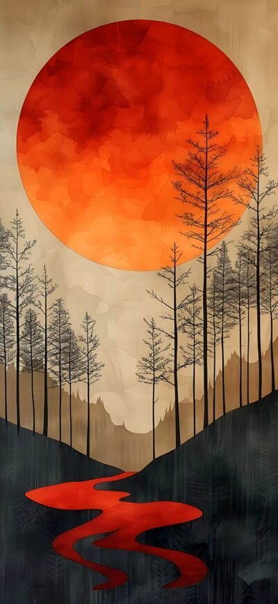 Serene landscape with trees, red sun, and river on a warm abstract background for Mobile | 4K Wallpaper