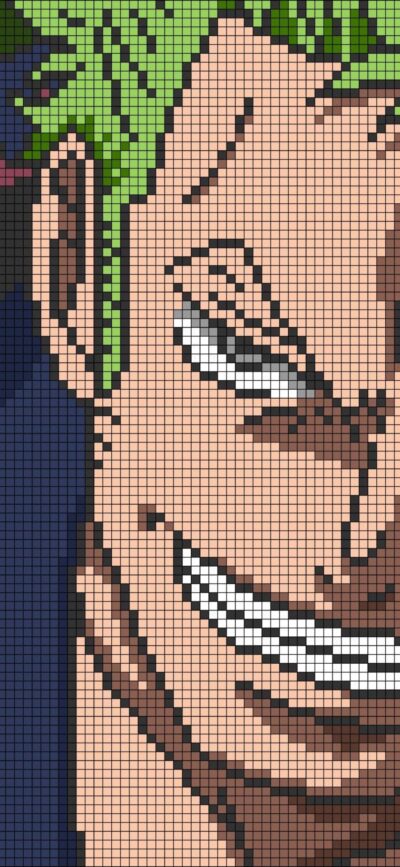 Pixel art of "One Piece" character with green hair and fierce look. | 4K Wallpaper, for Mobile