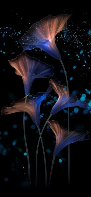 Abstract floral wallpaper with ethereal luminescent petals, vibrant blue & soft orange on dark, dreamlike background | 4K Wallpaper for Mobile