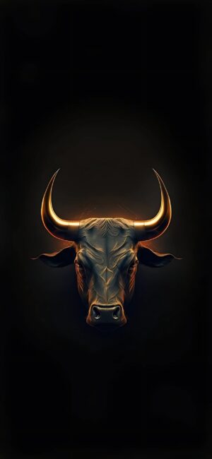 Bull head with glowing horns on a dark background, showcasing strength in digital art style | 4K Wallpaper, for Mobile