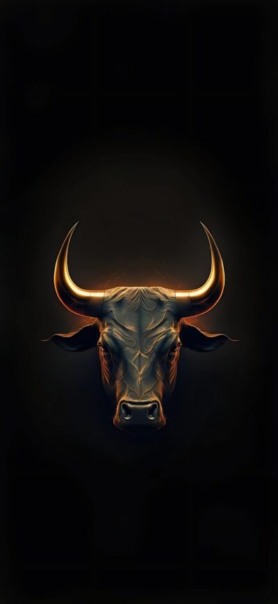 Bull head with glowing horns on a dark background, showcasing strength in digital art style | 4K Wallpaper, for Mobile