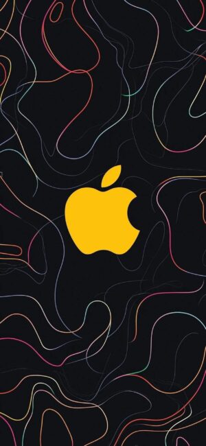 Yellow Apple logo on dark background with colorful wavy lines, creating a modern vibe | 4K Wallpaper | for Mobile