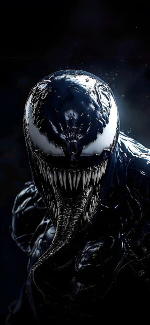 Venom in dark, intense style showcasing sharp teeth and tongue | 4K Wallpaper for Mobile | Black and white themed Marvel anti-hero.