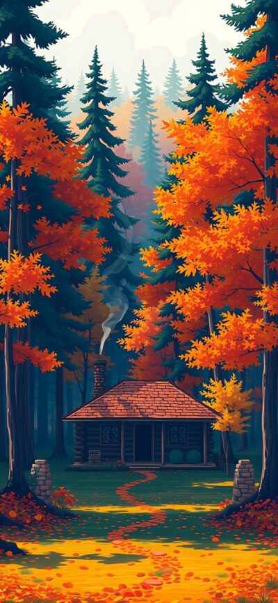 Autumn forest with a log cabin, vibrant orange and yellow foliage, tall evergreens | 4K Wallpaper for Mobile | Orange, Yellow, Green