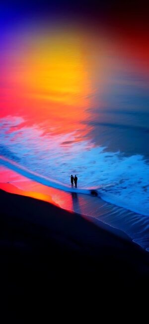 Sunset with vibrant hues over the ocean & couple on shoreline, serene & romantic. Perfect for mobile | 4K Wallpaper.