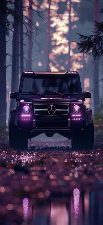 Mercedes-Benz in a forest, illuminated by purple light reflecting on a wet path | Primary colors: Purple, Black, Green | 4K Wallpaper for Mobile